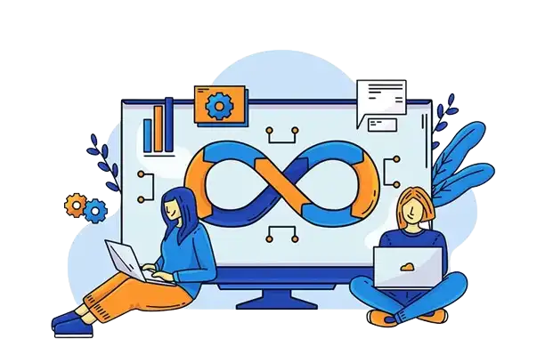 Two developers working on laptops in front of a large monitor displaying a DevOps infinity loop symbol