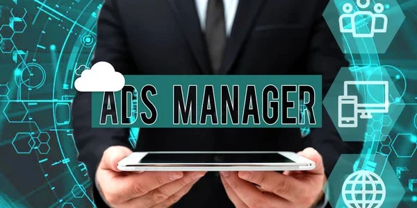 Ads manager Businessman holding a tablet with the text Ads Manager, surrounded by digital technology icons